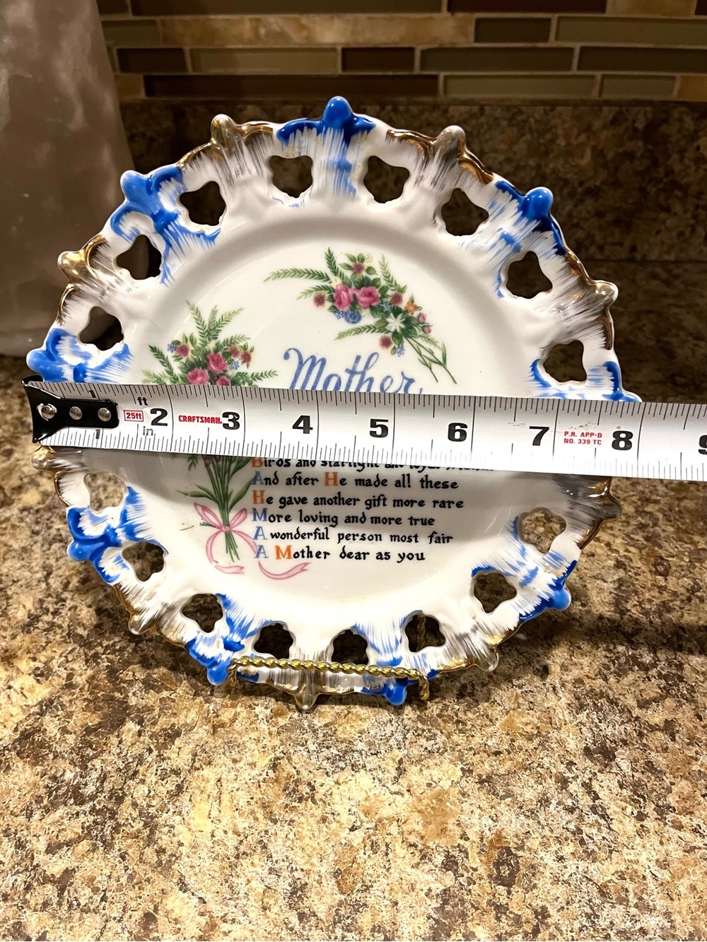 Vintage Decorative 'Mother' Floral Porcelain Plate - White and Blue - Picture 3 of 7